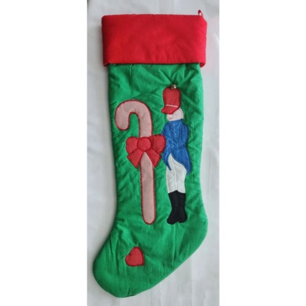 Vintage Toy Soldier Candy Cane Christmas Stocking Green Quilted Applique